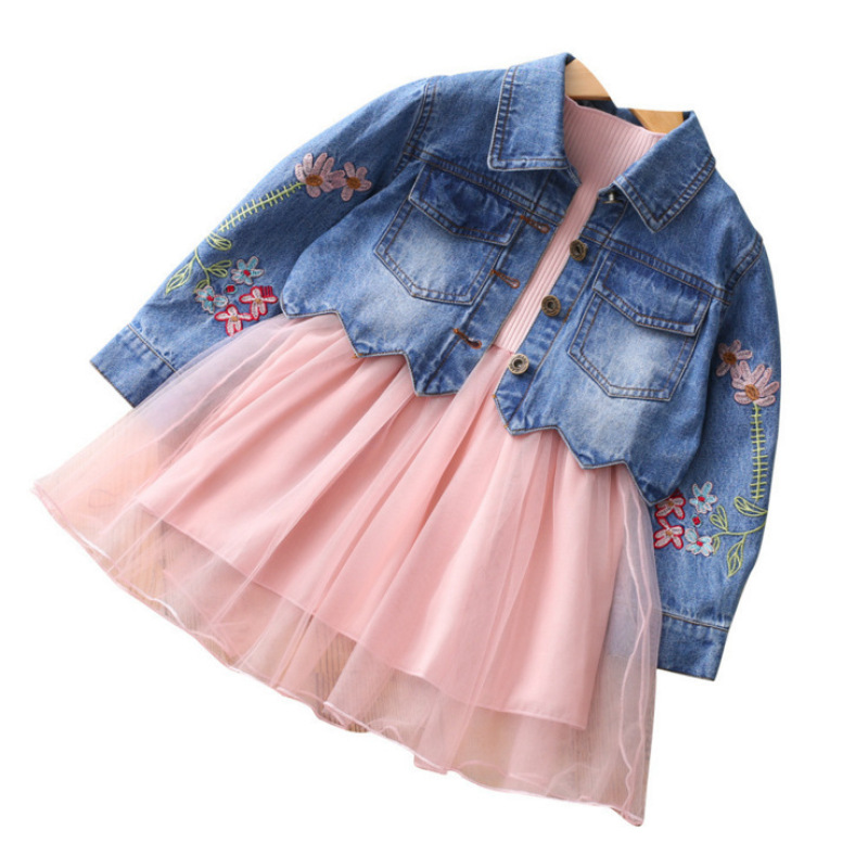 Casual Custom Jeans For Girls Children Clothes Girl long sleeve Kids Flowers Dress Kids Wear Girls Dresses