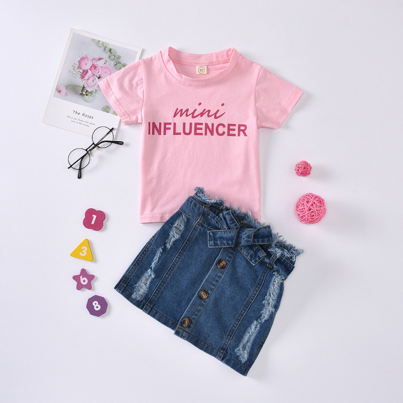 Summer Alphabetic T-shirt Jean Skirt Girls Clothing Sets Short Sleeve Worsted Children Girl Clothes Set Letter Pattern