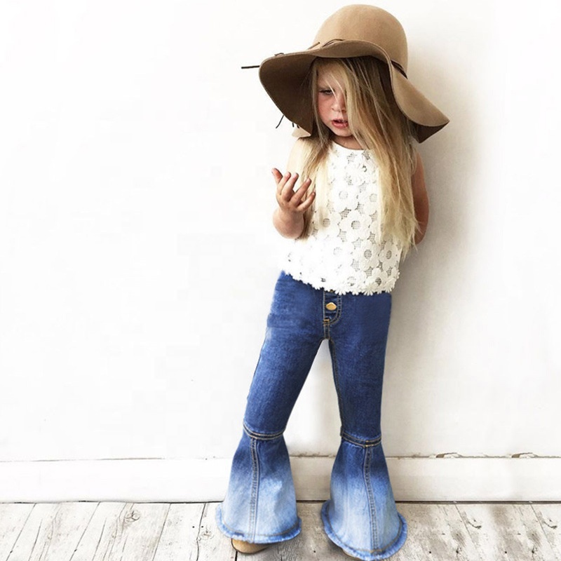 New Style Kids Bell Bottom Pants Navy Blue Elastic Denim Jeans Little Girls Flared Jeans