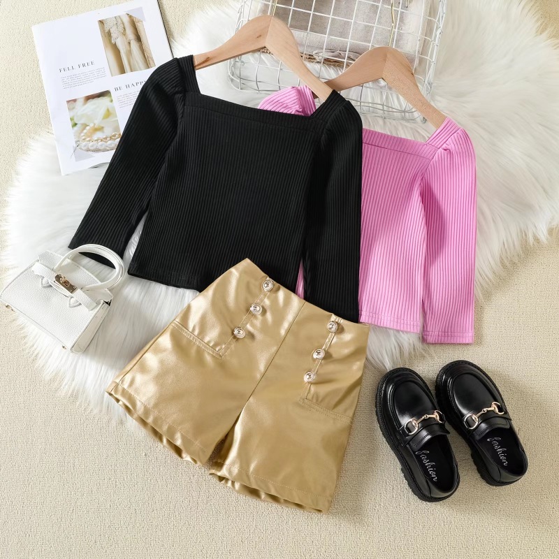 Conyson Hot Wholesale Europeon Style Fashion Square Collar Stripe Sweater PU Nail Button With Pocket Little Girls Fall Clothes
