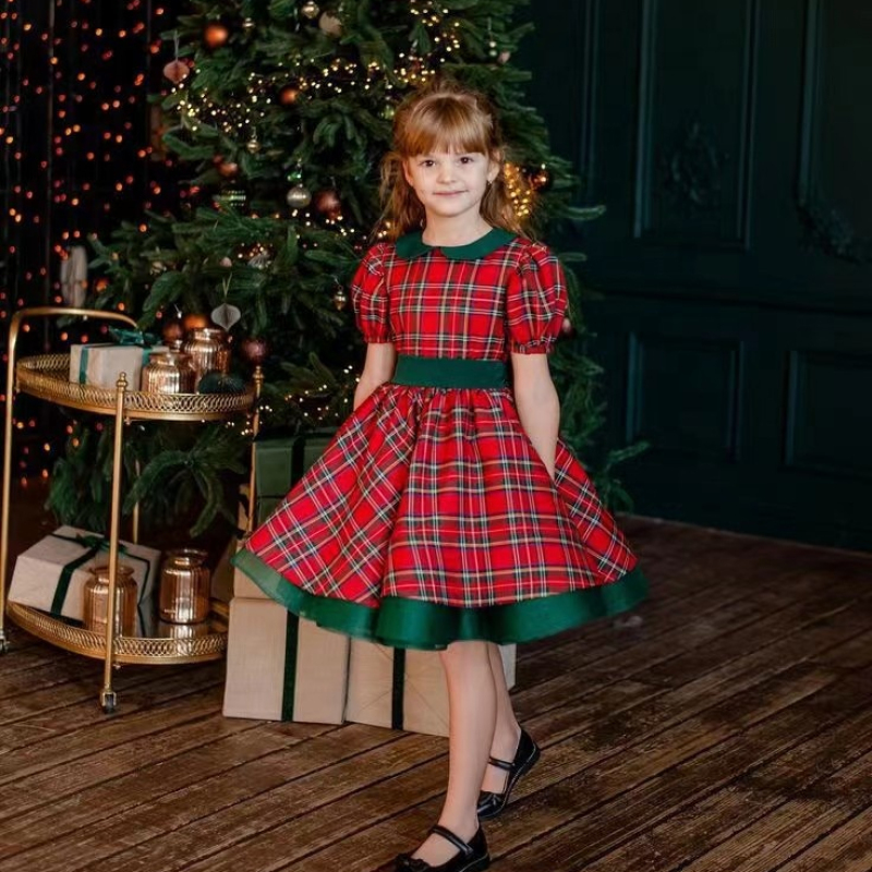 Conyson Hot Princess Kids Girls Christmas Dress Ruffles Long Sleeve Plaid Lace Patchwork Tulle Tutu Dress Baby Bow Santa Hot