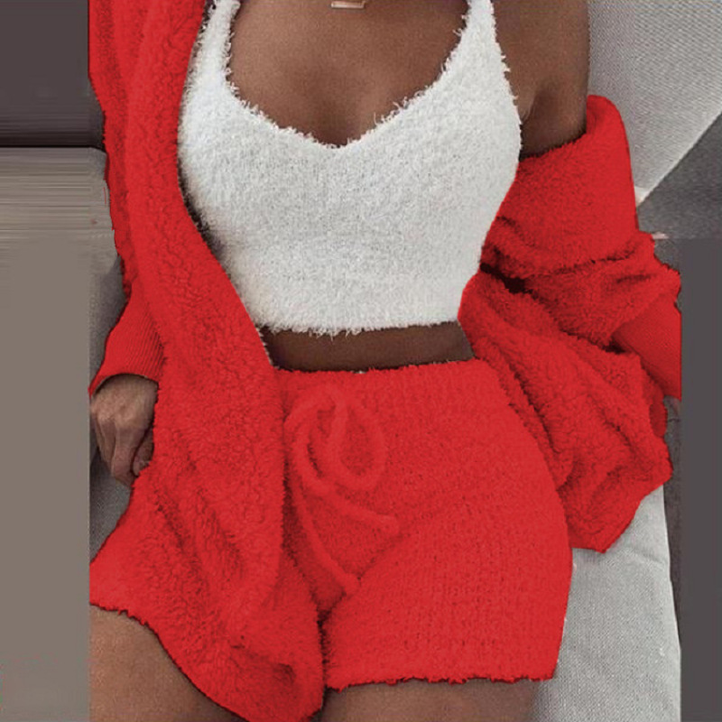 Conyson New Wholesale Plus Size Winter Suit Pjm Cozy Home Leisure 3 Pieces Crochet  long sleeve Women Sexy Matching Set