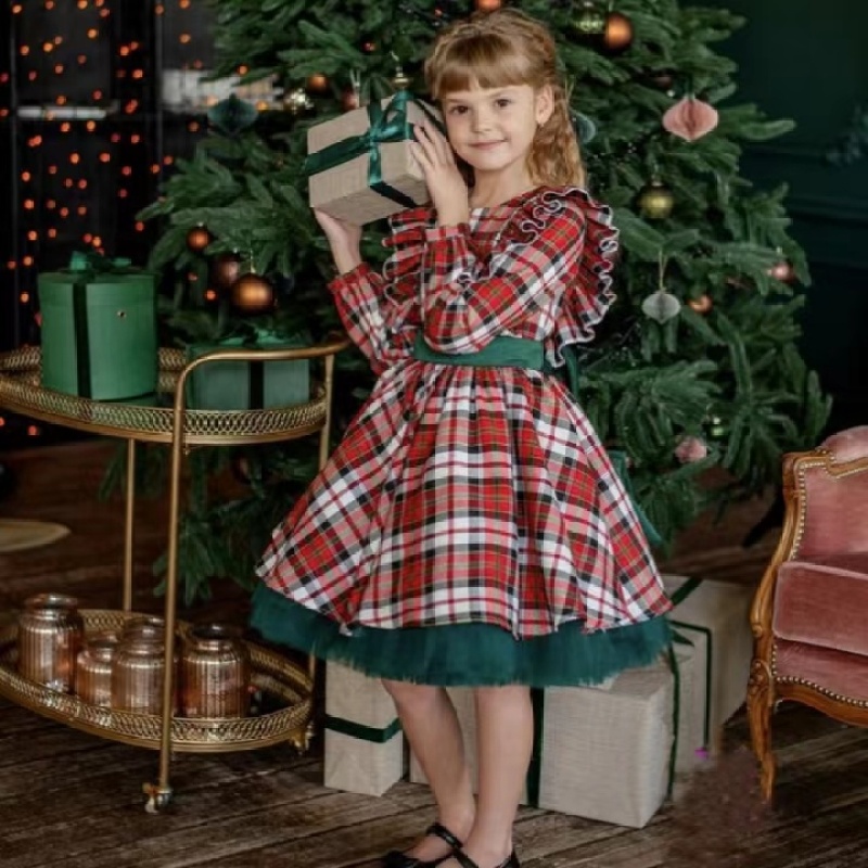 Conyson Hot Princess Kids Girls Christmas Dress Ruffles Long Sleeve Plaid Lace Patchwork Tulle Tutu Dress Baby Bow Santa Hot
