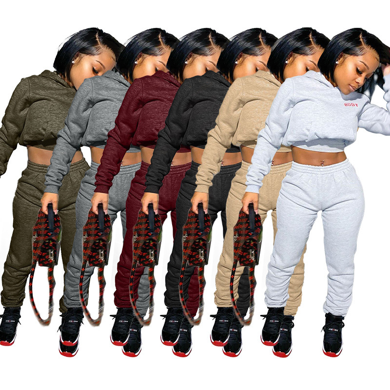 Conyson Custom Logo Designer Solid Fashionable Long Sleeve Letter Printed Sweatshirt Casual Pants Hoodies Jogger For Women Sets
