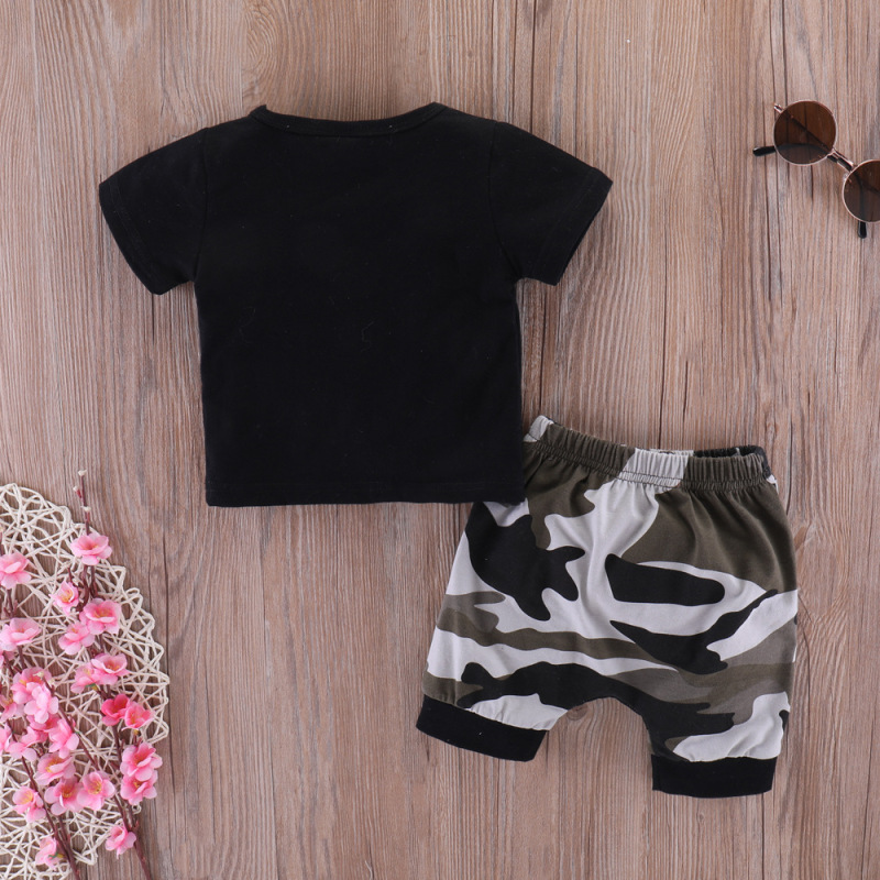 Wholesale Letter Print Short Sleeve Cotton Knitted Kids Toddler Boys Summer 2 Piece Clothes Set