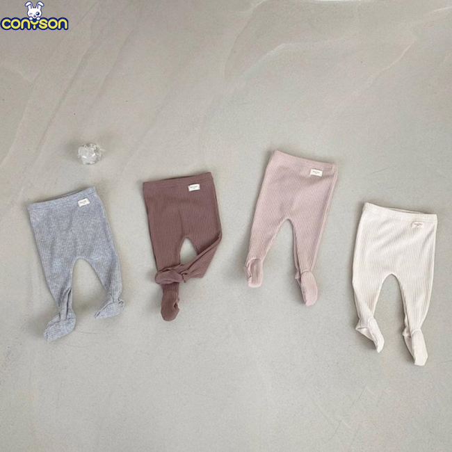Conyson Striped Organic Cotton Baby tight pants with Foot Solid Pure Color Ruffle Ribbed Tights Leggings baby knitted  Leggings