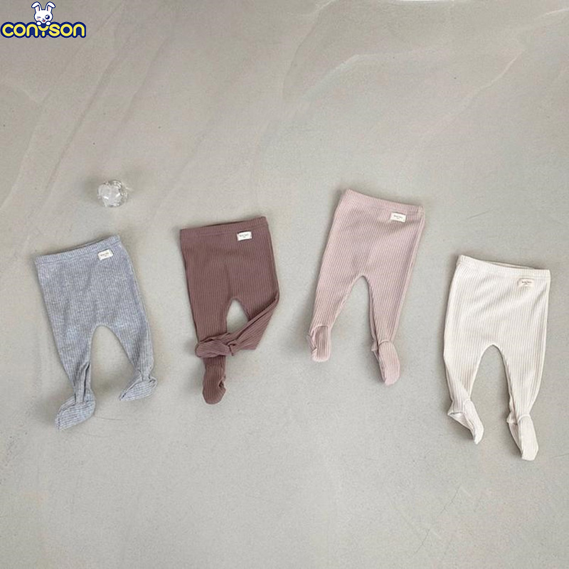 Conyson Striped Organic Cotton Baby tight pants with Foot Solid Pure Color Ruffle Ribbed Tights Leggings baby knitted  Leggings