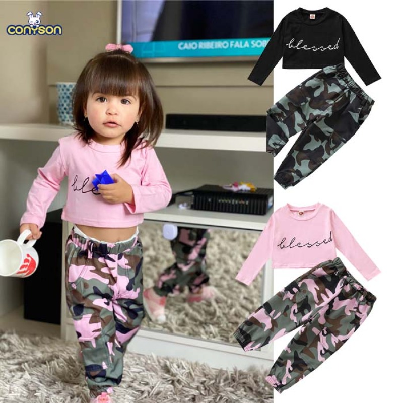 Conyson Pink Black Letter Long Sleeve Pullover Crop Tops Camouflage Print Pants Long Trousers Baby Girls Two-piece Outfits