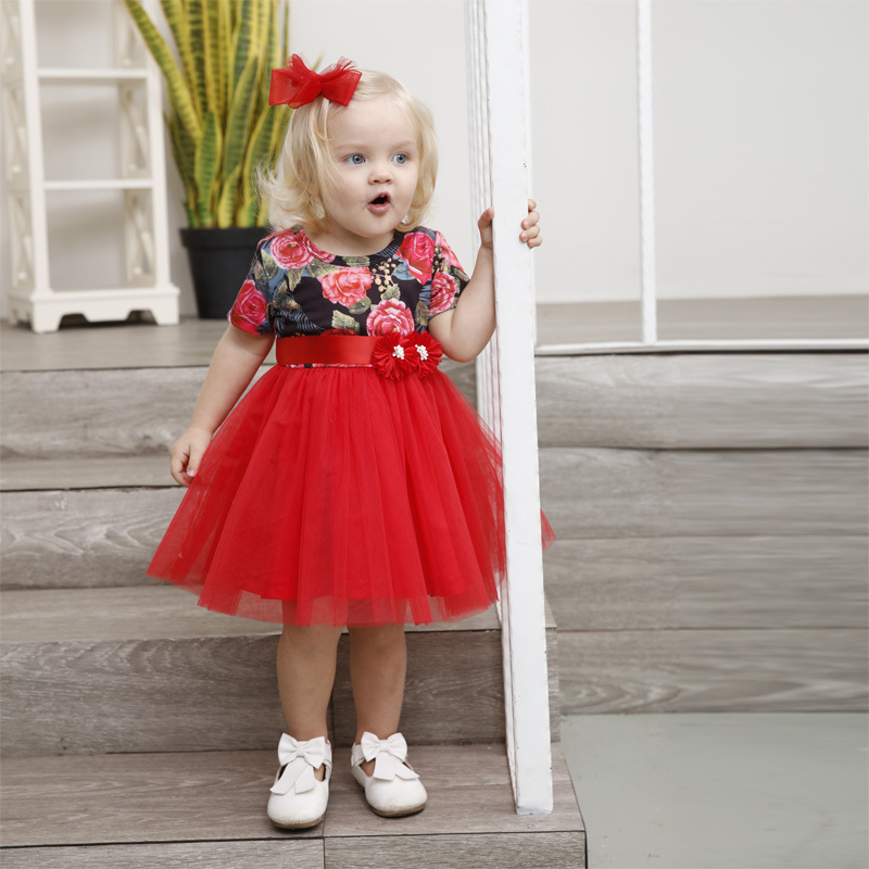 Conyson Hot Sale Western Style Girls Summer Christmas Gift Wedding Party Flowers Dress Elegant Crew Neck Baby Girls Tutu Dress