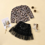 New Children's Leopard Print Long Sleeves Kids Spot Short Sleeve Clothes Dress Set Two-piece Lace Skirt Girls' Suits