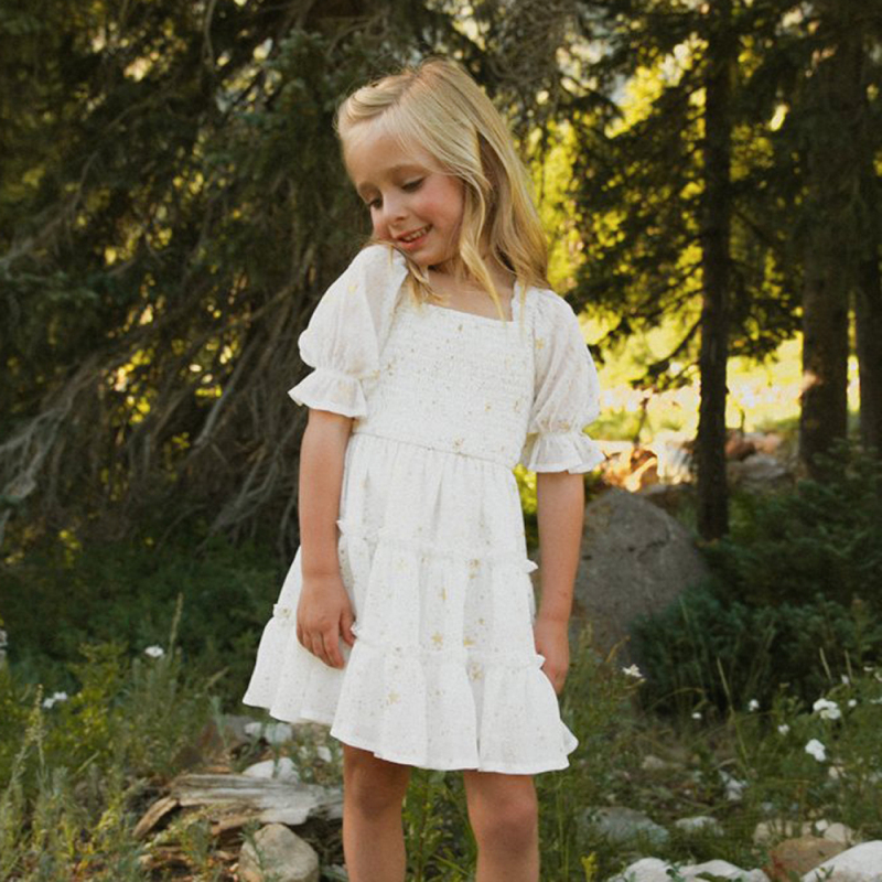 Conyson Summer Smocked Dress For Girls Sequin Ruffle Short Sleeve Clothes Children New Fashion Chiffon Party Princess Costume