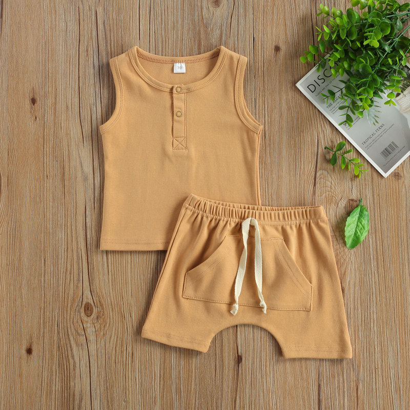 Conyson hot sale 100% Cotton Summer Children Tank Top Pocket Shorts Toddler Infant Baby Clothes Outfits Boys Kids Clothing Sets