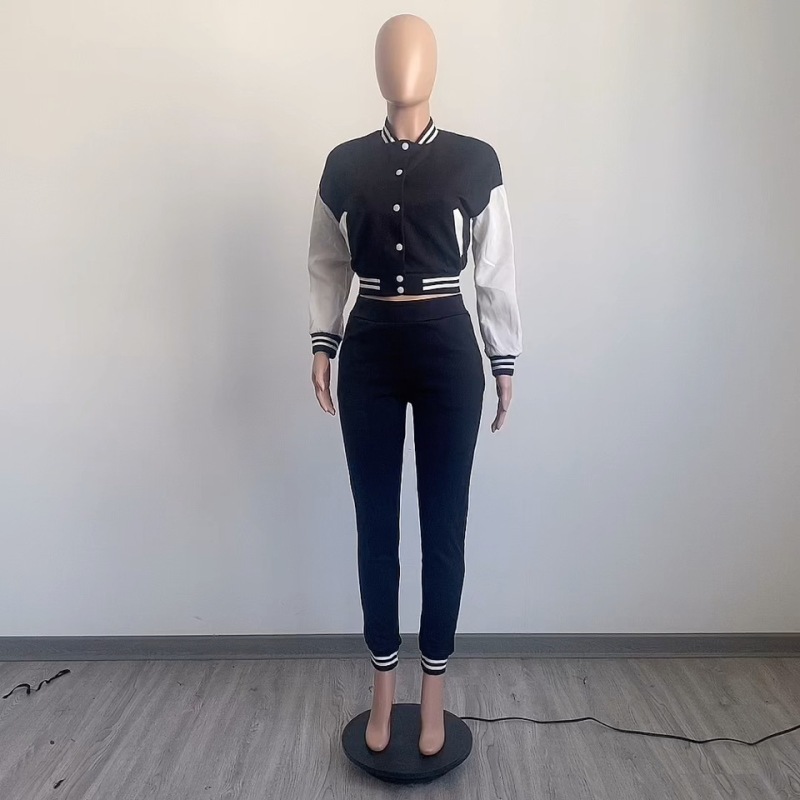 popular style fashion fall winter designer logo Customized women two pieces jacket suit button clothing adult Ribbed clothes set