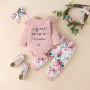 Winter Autumn Baby Girl Strip Embroidered Organic Cotton Letters Sleeve Clothes Set Three-piece Suit