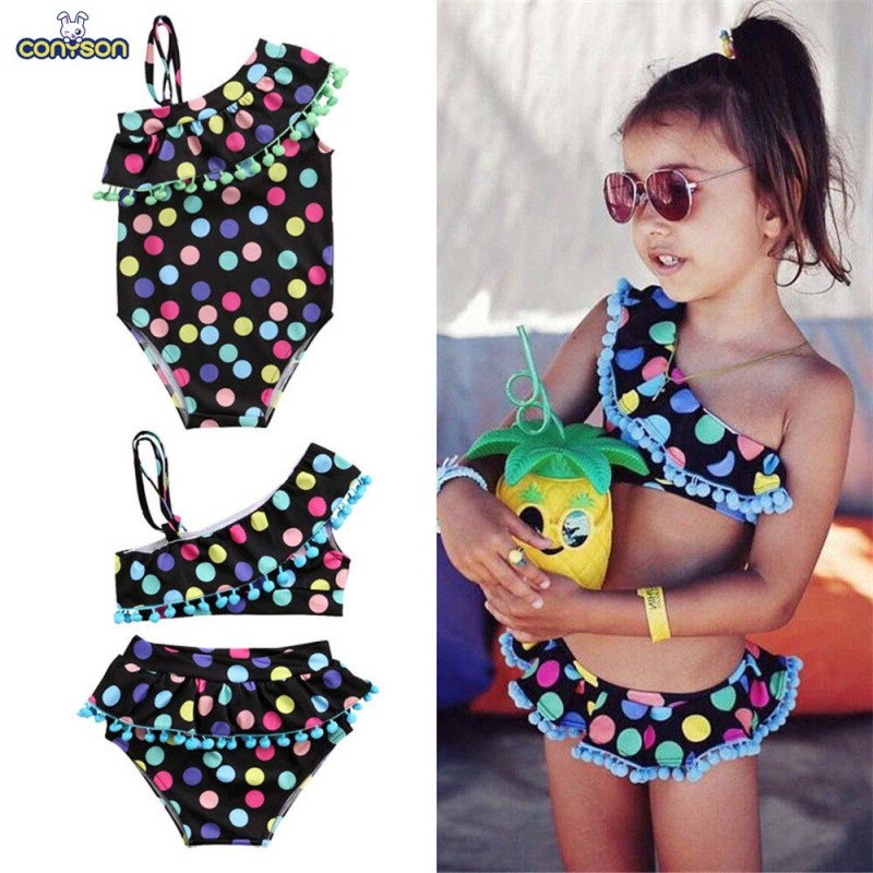 Conyson Baby Girl Swimwear Bikini Set One Shoulder Tassel Children Ruffled Collar 2 pcs Swimsuit Kids One Piece Bathing Suit