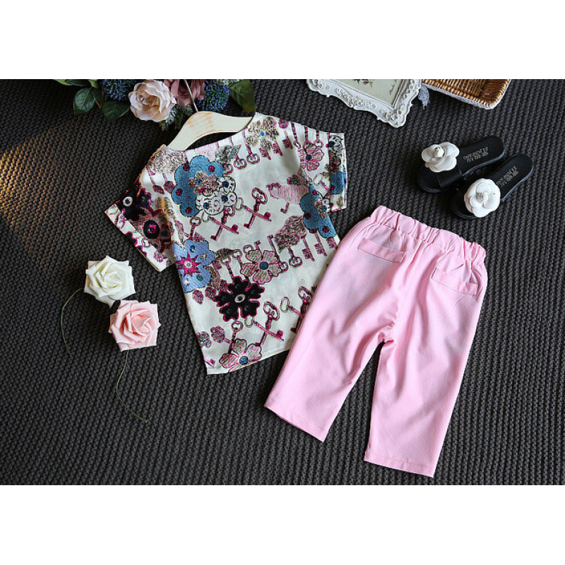 Flower Pattern New Design Boutique Toddler Kids Children Girls Clothes Summer Short Sleeve Suit Sets