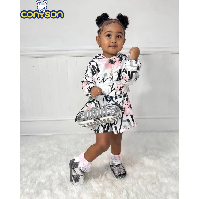 Conyson Hot Wholesale Europeon Style Spring Autumn Letter Printing Design Hoodie Long Sleeve Girls Kids Two Piece Skirt Sets