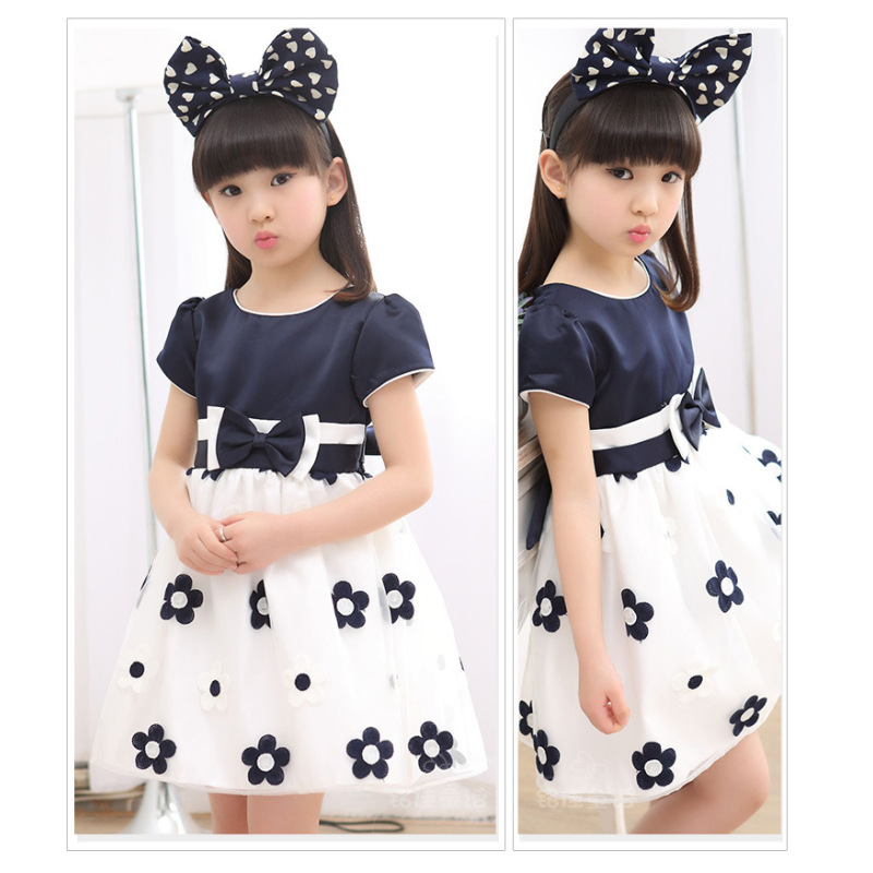 Conyson hot sale summer leisure polyester Girls Dress print casual bowknot pure color Girl sunflower Dress Korean Girl Dresses