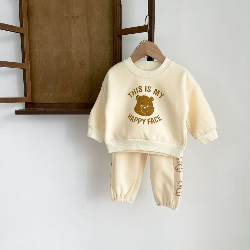 Wholesale Autumn Winter Cute Bear Round Collar two piece Plush warm sports tracksuits Sweater Baby clothing Set