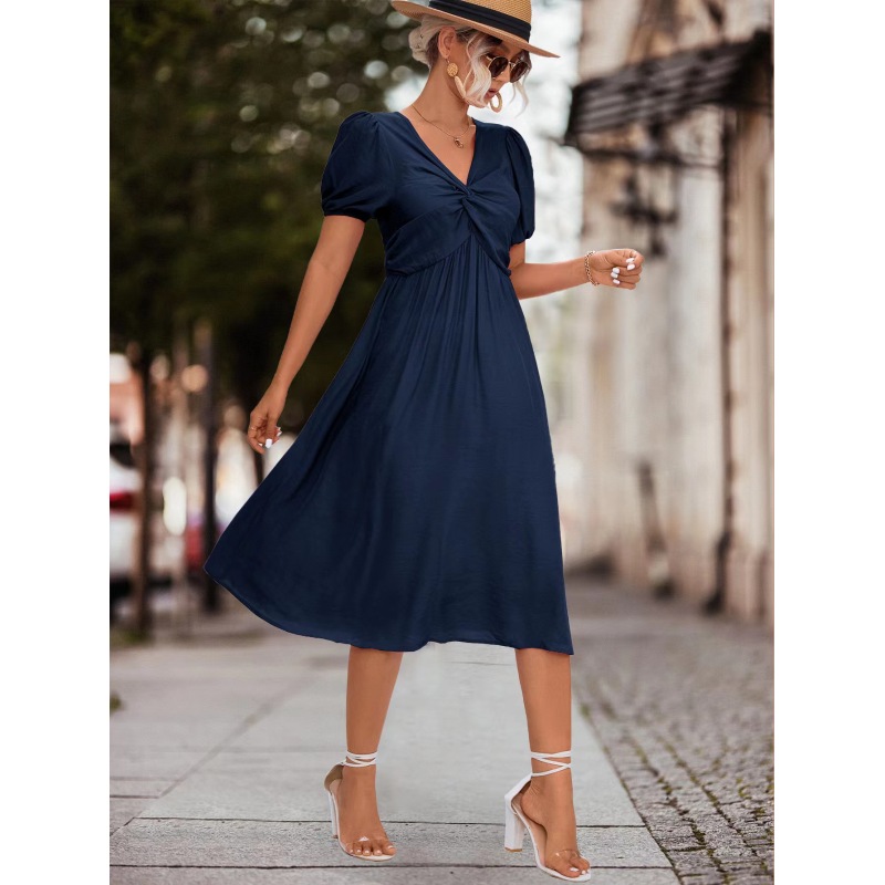 Conyson Hot Wholesale Stock Lots Spring Summer Ruffled Puff Sleeve Kink Polyester Solid V-Neck Fashion Women Elegant Dress