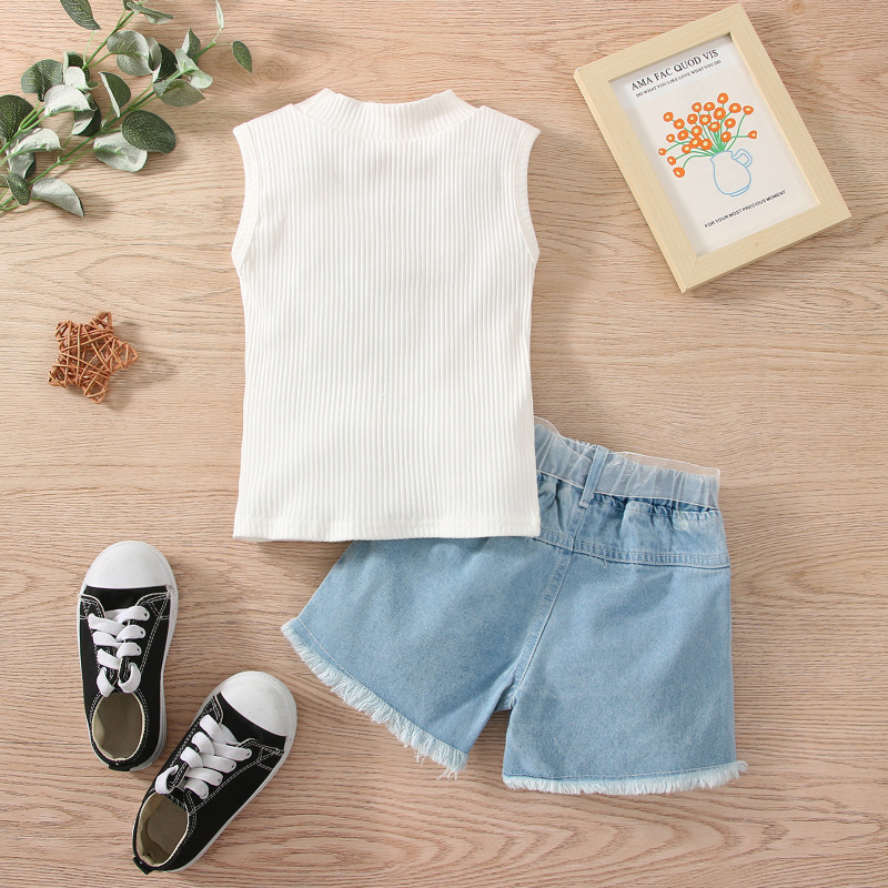 Conyson Hot Sale Girls Summer O-Neck Cotton Pocket Set with Lace 3 piece Girl Sleeveless Outfit Set Girls Knit Set