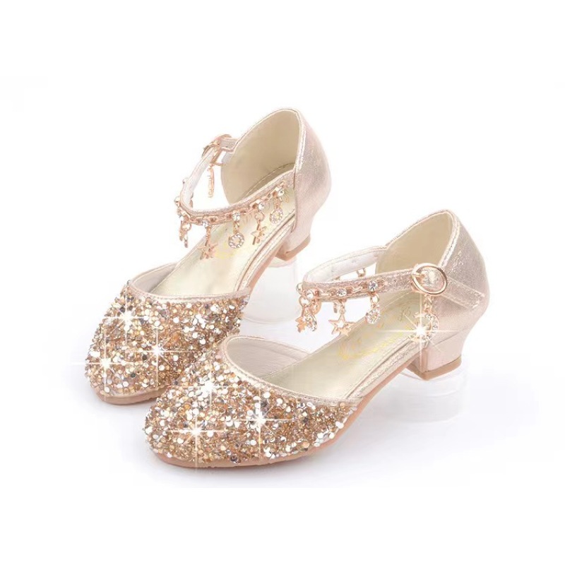 Conyson High Quality Overstocked Leftover Korean Style Pure Color Shiny Sequins Kids Girls Performance High-heeled Shoes