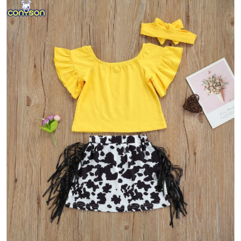 Conyson fashion boutique Baby girls suit Spring summer casual short Sleeve print kids clothing tassels cotton skirts clothes Set