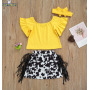 Conyson fashion boutique Baby girls suit Spring summer casual short Sleeve print kids clothing tassels cotton skirts clothes Set