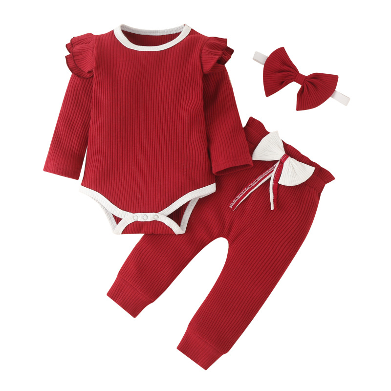 High-quality Three-piece Jumpsuit Solid Color Long-sleeved Cotton Bow Baby Clothes Set Baby Romper