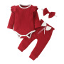 High-quality Three-piece Jumpsuit Solid Color Long-sleeved Cotton Bow Baby Clothes Set Baby Romper
