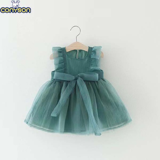 Conyson Summer New Arrival Sweet Style Cotton Lace Sleeveless Solid Mesh Bowknot Baby Girl First Party Birthday Dress