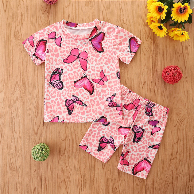 Conyson baby Girls cute butterfly print suit Soft Short Biker leopard print Set Match A Little Tight Shorts Outfits