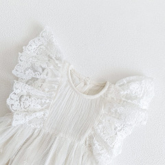 Conyson Wholesale Latest Design Summer Fluffy Lace Embroidery Boutique Flowers White Lace infant clothing Baby girls romper
