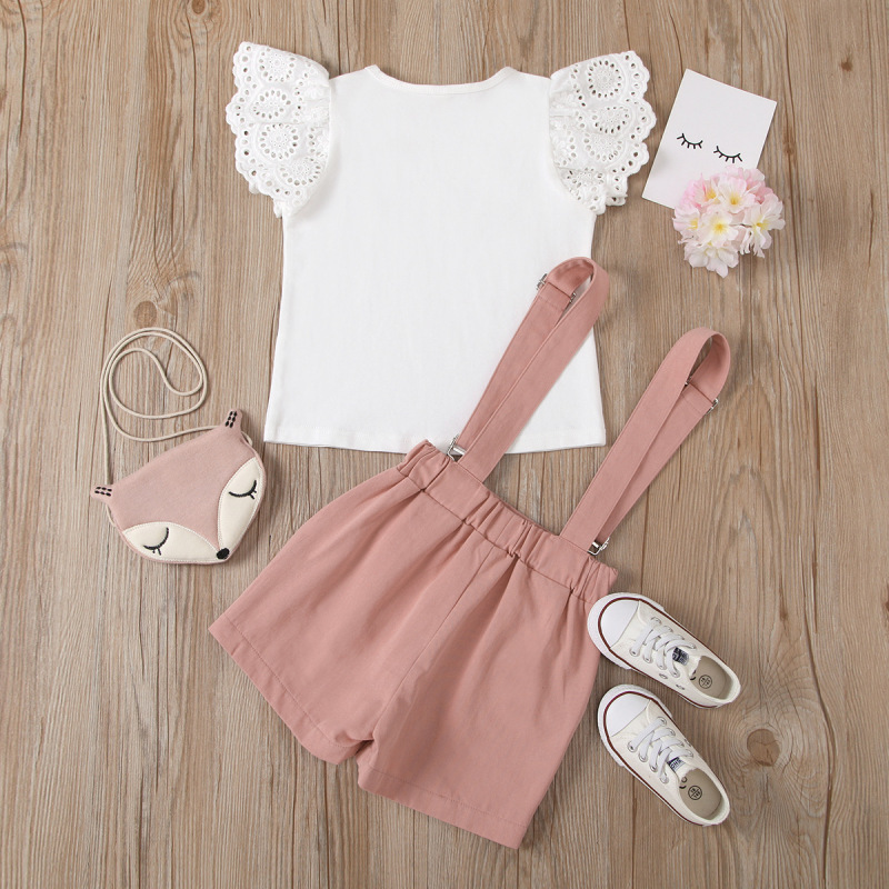 Fashion 2pcs Kid Girls Outfit Sets Casual Summer Girl Clothes Set Flying Sleeve Top Suspender Shorts 2pcs Suit Casual Kids Set