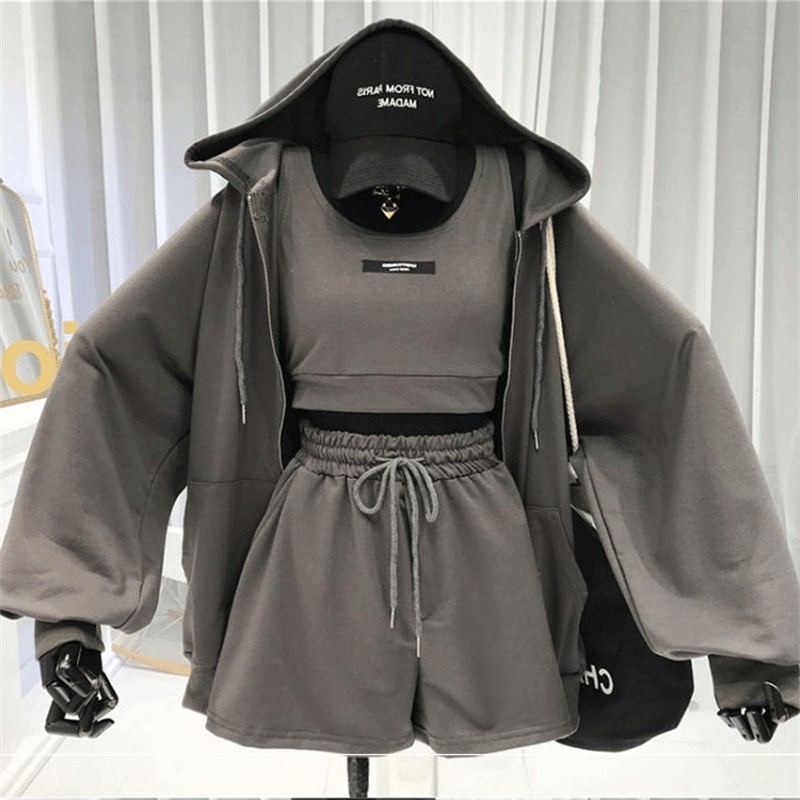 Wholesale AUTUMN fashion designer women's short Clothes sport suit woman clothing three-piece adult tank top shorts hoodie Sets
