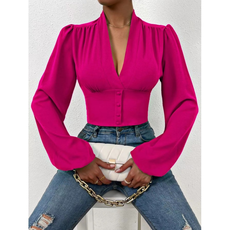 Conyson New Design Fall Spring Blouses ladies Urban Elegant Womens Puff Sleeve Blouses Ladys V Neck Tight Casual Tops Blouses