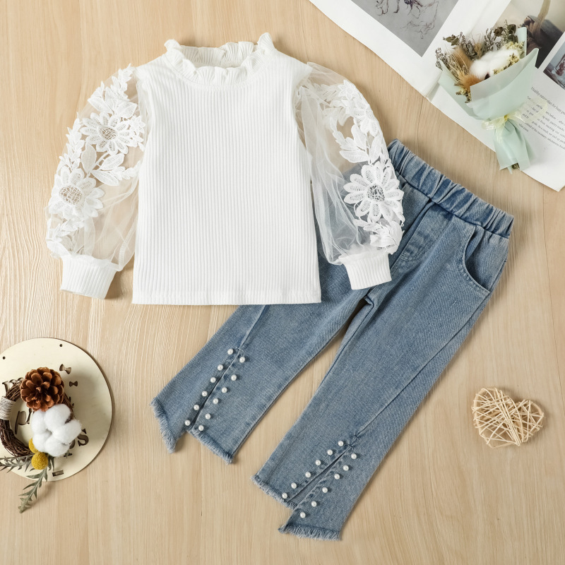 2022 Toddler Kids Girls Autumn Outfits Dots Ruffles Off Shoulder Long Sleeve Shirts Ripped Hole Flare Jeans Children Clothes Set