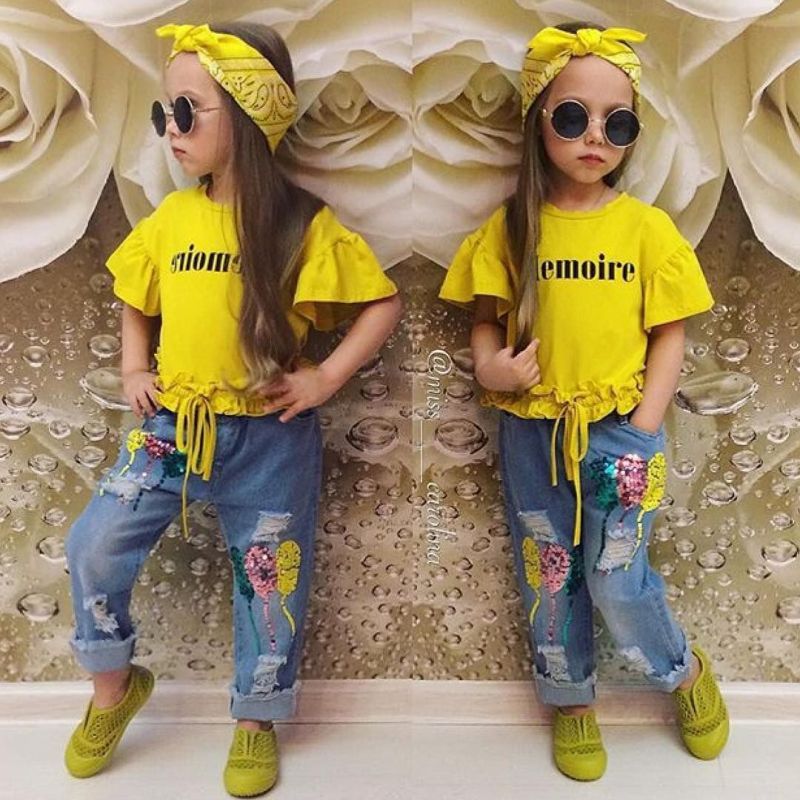 2021 Kids Children's Flare Sleeve + Sequin Balloon Ripped Jeans Girls Set