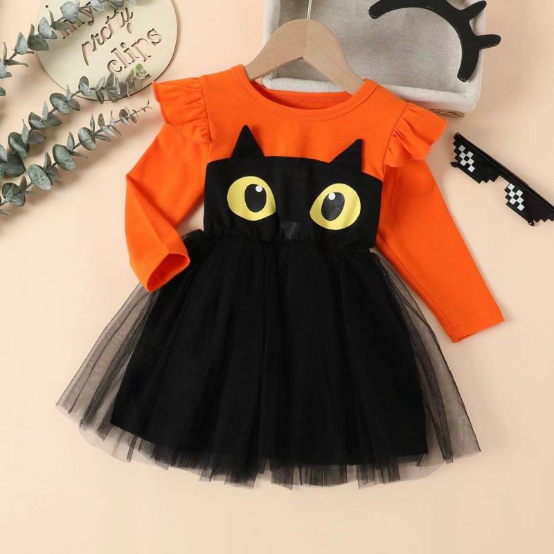 Conyson 1-6 Years Toddler Baby Girl Clothes Long Sleeve Mesh Tulle Princess Dresses Cartoon Cat Halloween Girls Dress