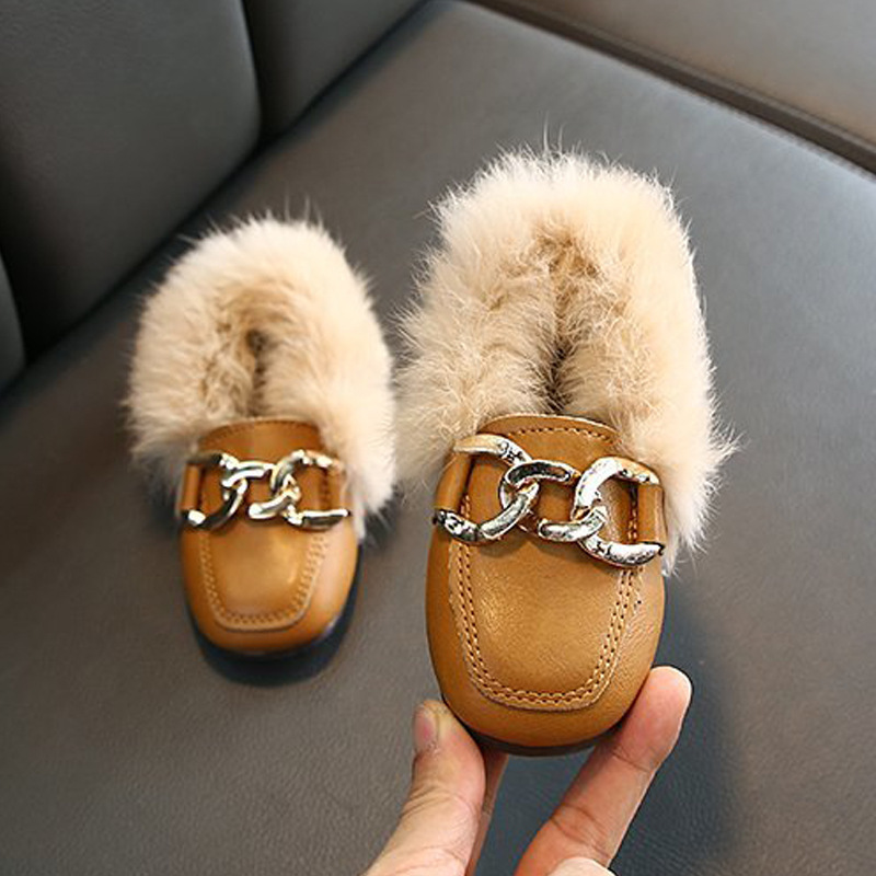 2021 Custom Winter Party Black Children Wholesaler Little Toddler Baby Girl Kids Flats Fur Dress Children's Casual Shoes