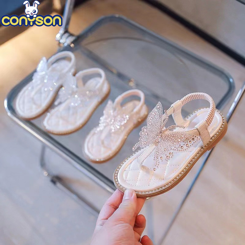 Conyson Low MOQ New Children Butterfly Rhinestones Shining Kids Party and Wedding Princess Shoes Baby Girls Pinch Toe Shoes