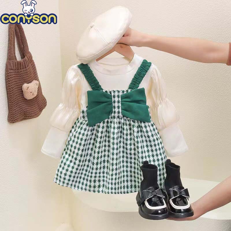 Conyson New Style European Style Kids Party Birthday Fashion Lattice Green Dresses Spring Autumn 1-4 Years Old Baby Girl Dress