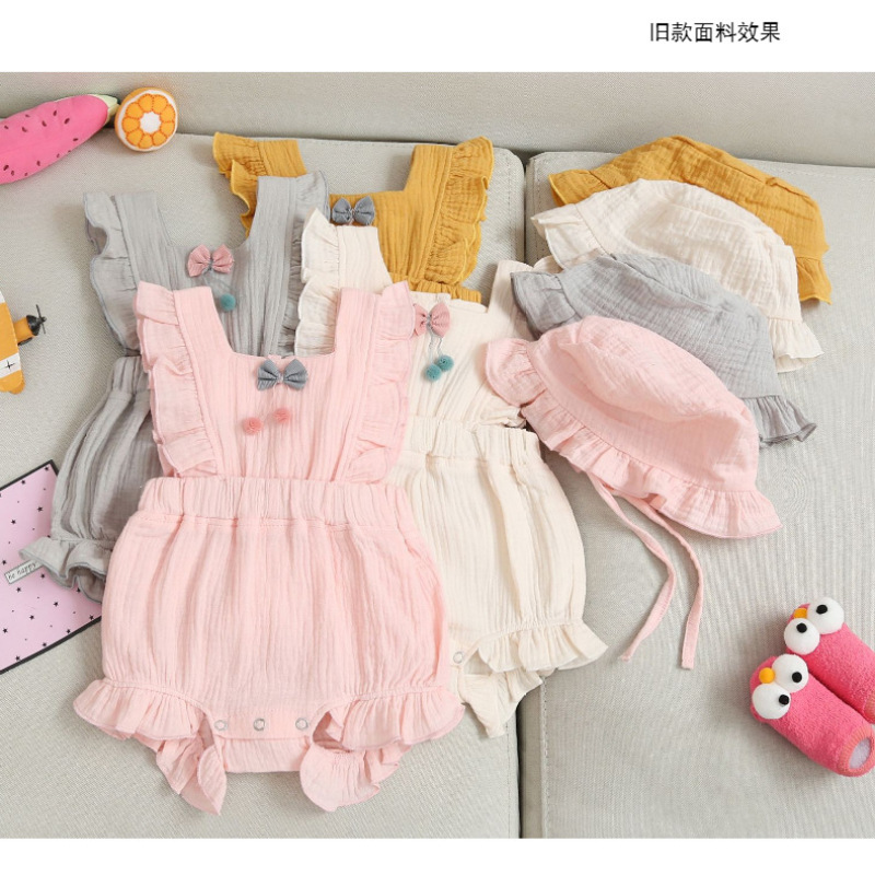 Conyson Summer Cute Baby Girls Romper 2pcs Ruffles Sleeveless Flowers Solid Jumpsuits With Hats Baby Kids Clothes Outfit Sets