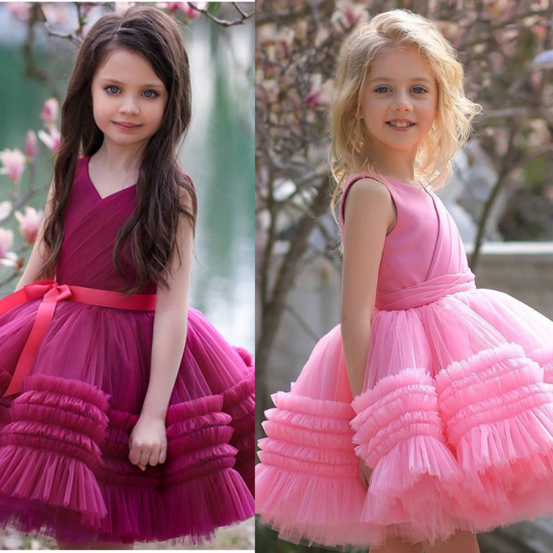 Conyson Wholesale Kids Clothes Summer Mesh Lace Sleeveless Flower Layered Princess Fashion Vintage Ceremony Clothing Tutu Dress