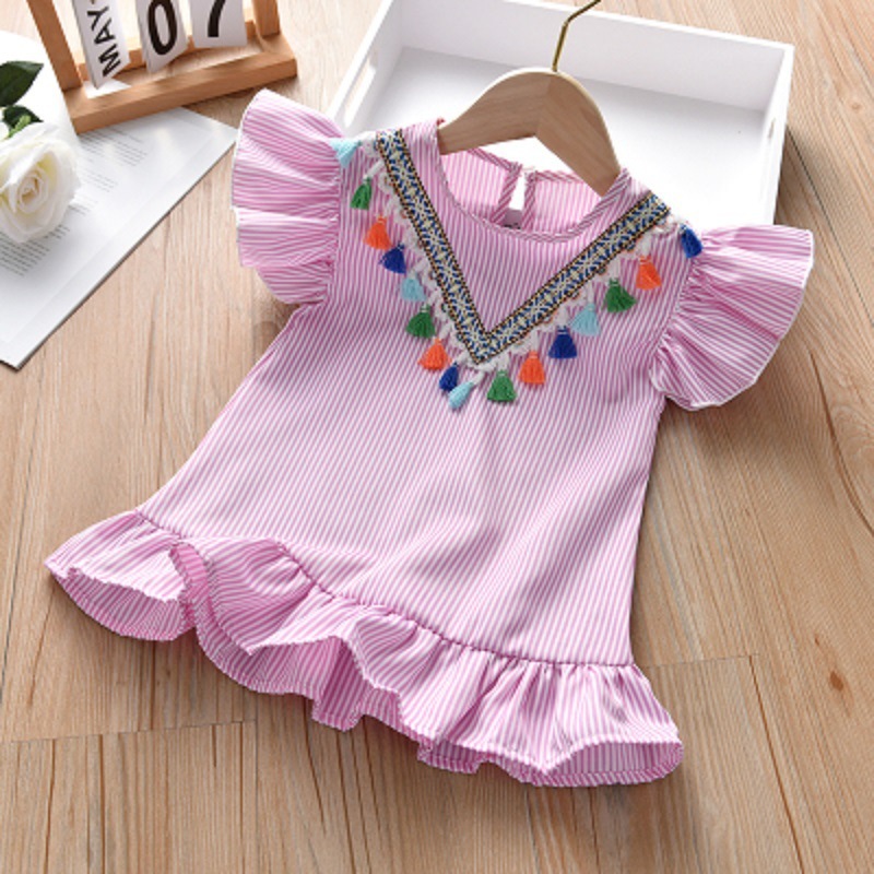 wholesale 2021 Summer Popular striped Round neck Ruffle Fly Sleeve parent-child clothes baby Girls Tassel Dress