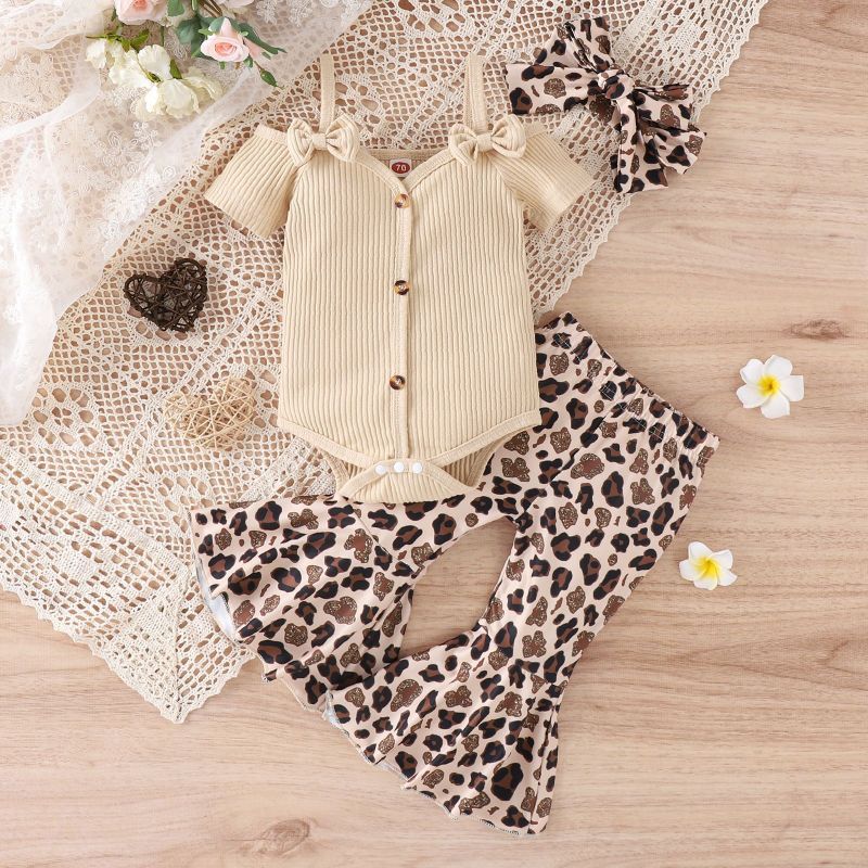Conyson Hot Sale Spanish Newborn Organic Short-Sleeved Stripe Print Flower Baby Girl Ruffle Bow Jumpsuit 3 Pieces Baby Romper