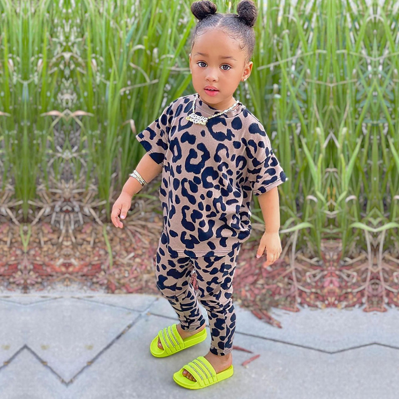 Conyson summer Kids Short Sleeve baby girls Top Long Leggings Stretch Leopard Printed Girls short sleeve suit