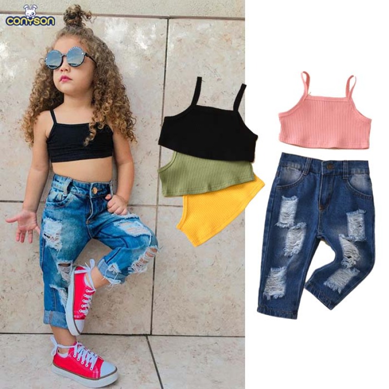 Conyson Fashion Casual Baby Girls Clothes Summer Kids Sleeveless Solid Vest Ribbed Crop Top Ripped Denim Pants 2pcs Tracksuits
