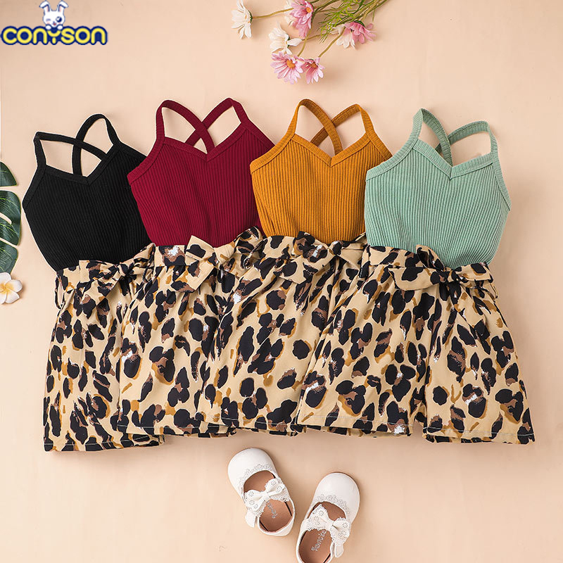 Conyson korean fashion Baby kids Girl summer Leopard sleeveless cool clothes stripe patchwork casual children wear clothing sets