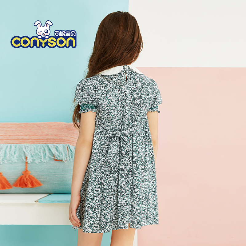 Fashion A-Line Floral Petal Sleeve Turn-Down Collar Wholesale Cotton Smocking Summer Girl Dress